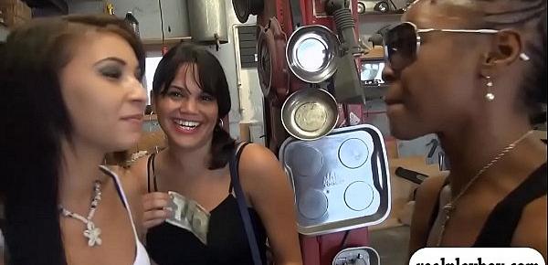  Two hot women flash boobs and ass for cash in the garage